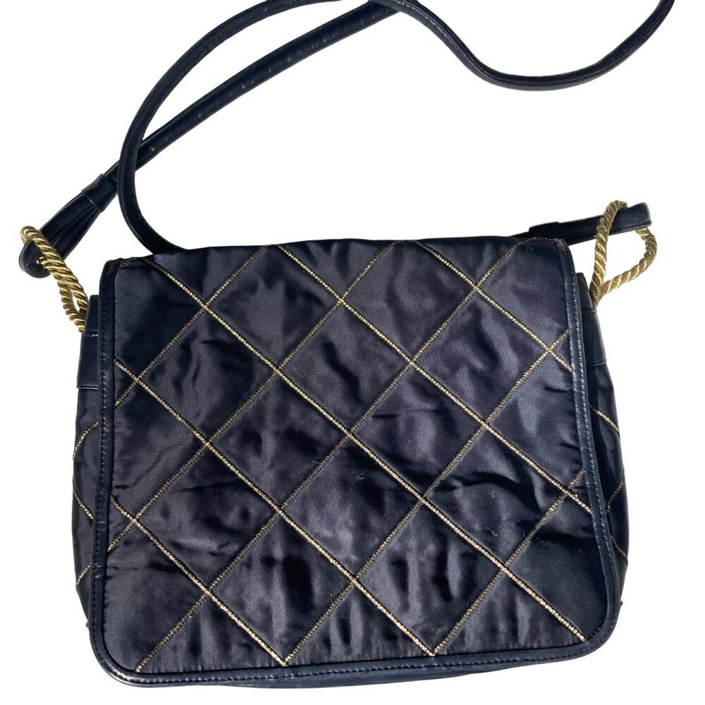 Vintage Sharif Black Quilted Crossbody Bag Gold Accents Leather Satin Old Money